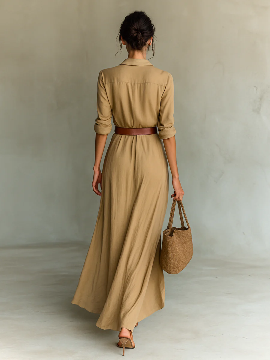 Cristina | Vestido maxi con cinturón y cuello de solapa