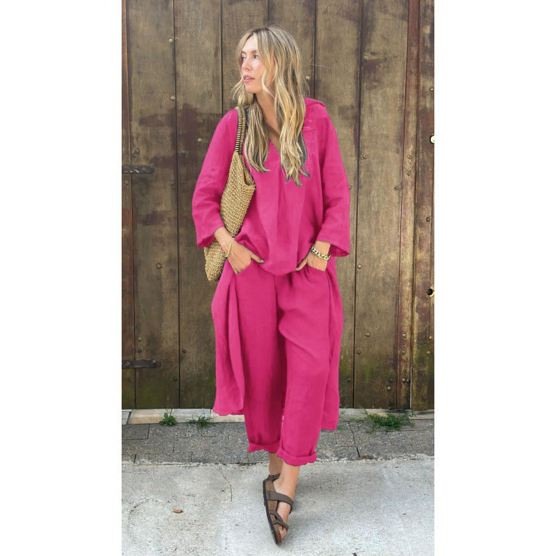 Conjunto de ropa de trabajo: camisa y pantalón holgado de talle alto.