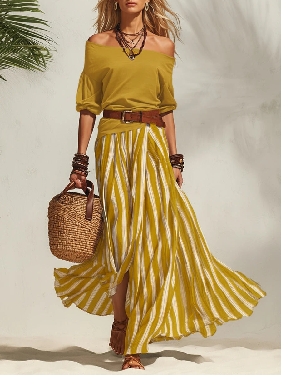 Conjunto de top bajo y falda con abertura para mujer