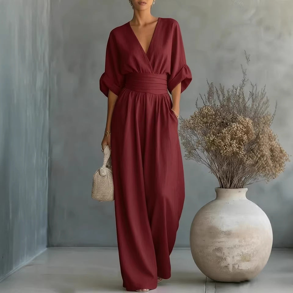 Mono de verano de manga corta, estilo casual, escote en V, pantalón de pierna ancha, ropa de mujer.