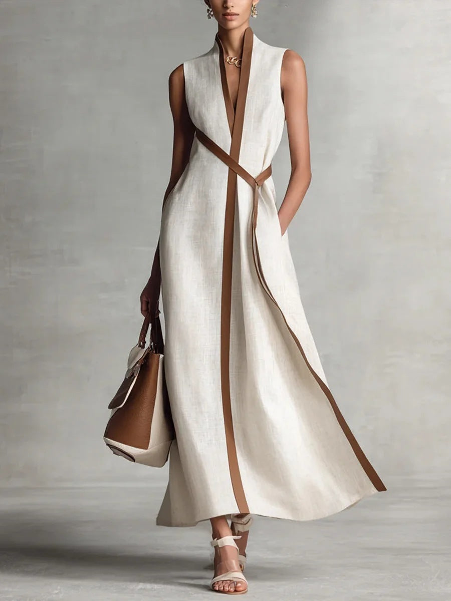 Lora™ | Vestido sin mangas de mezcla de lino con cuello alto y diseño de bloques de color.