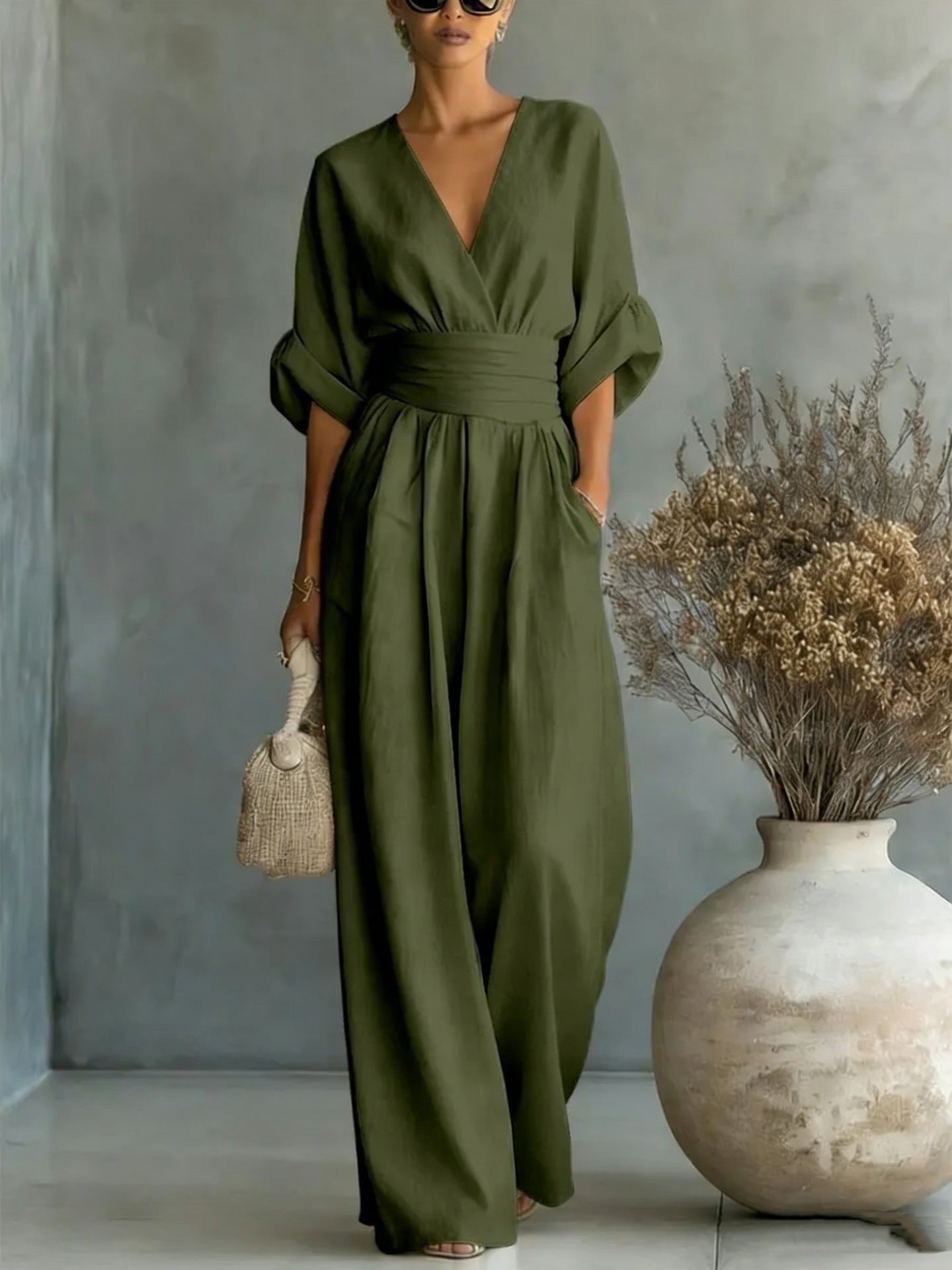 Mono de verano de manga corta, estilo casual, escote en V, pantalón de pierna ancha, ropa de mujer.