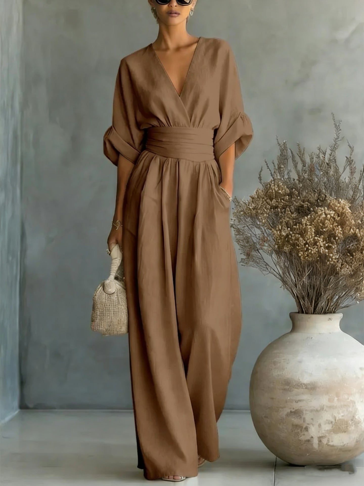 Mono de verano de manga corta, estilo casual, escote en V, pantalón de pierna ancha, ropa de mujer.