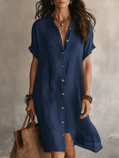Celeste™ | Vestido camisero midi de lino y algodón con botones