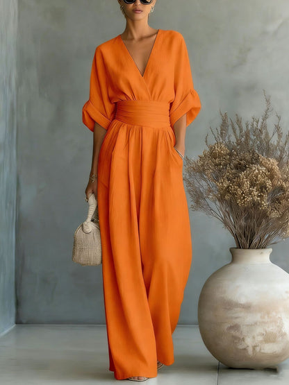 Mono de verano de manga corta, estilo casual, escote en V, pantalón de pierna ancha, ropa de mujer.