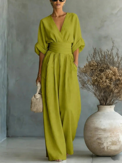 Mono de verano de manga corta, estilo casual, escote en V, pantalón de pierna ancha, ropa de mujer.