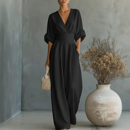 Mono de verano de manga corta, estilo casual, escote en V, pantalón de pierna ancha, ropa de mujer.