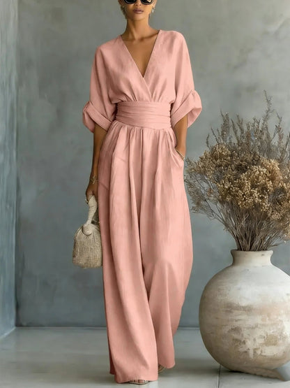 Mono de verano de manga corta, estilo casual, escote en V, pantalón de pierna ancha, ropa de mujer.