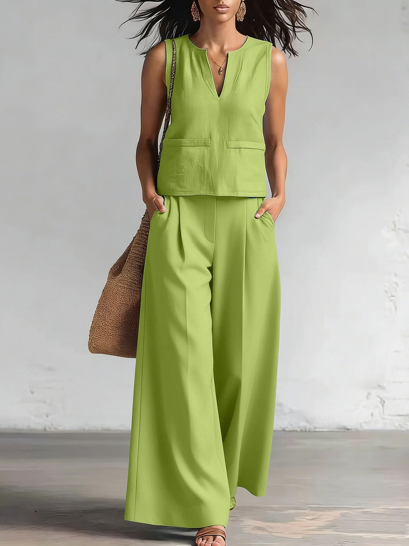 Elegante conjunto monocromático de dos piezas: top de tirantes con cuello redondo y pantalón de pierna ancha.