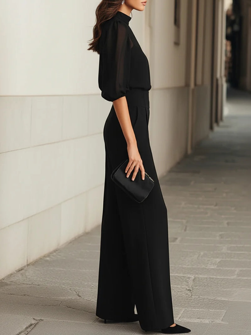 Valentina™ | Conjunto de tres piezas negro, compuesto por una camisola transparente y pantalones de pierna ancha.