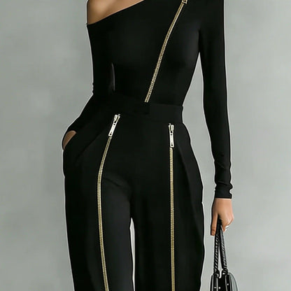 Conjunto de pantalones de pierna ancha, con mangas largas, cuello redondo y cremallera bidireccional