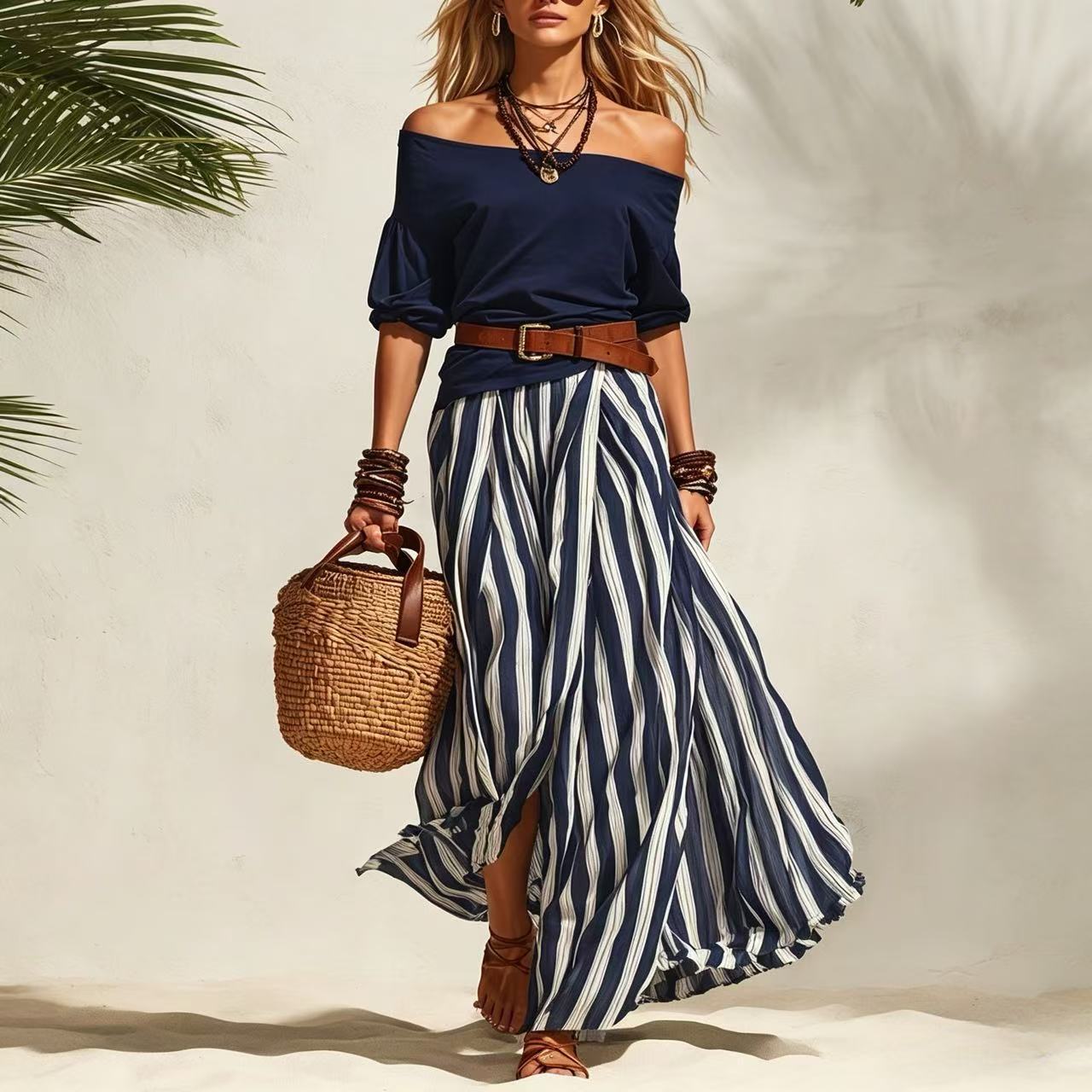 Conjunto de top bajo y falda con abertura para mujer
