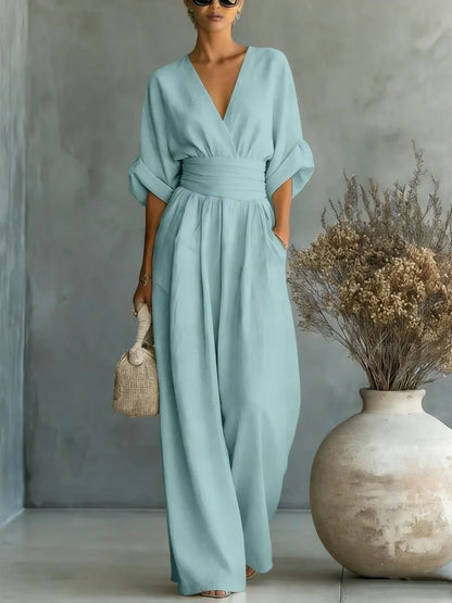 Mono de verano de manga corta, estilo casual, escote en V, pantalón de pierna ancha, ropa de mujer.