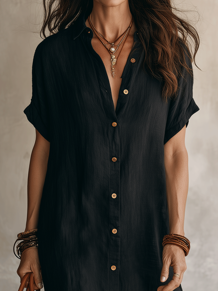 Celeste™ | Vestido camisero midi de lino y algodón con botones