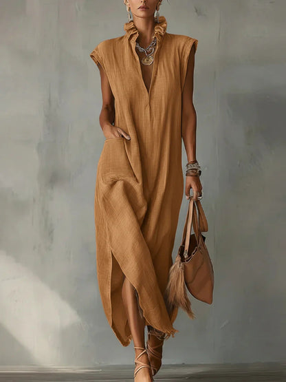 Alexa | Vestido sin mangas, confeccionado en algodón y lino, color liso.
