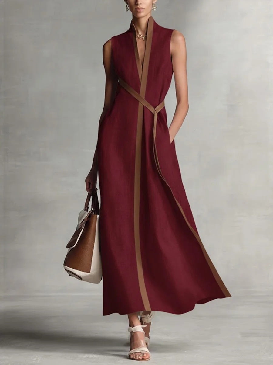 Lora™ | Vestido sin mangas de mezcla de lino con cuello alto y diseño de bloques de color.