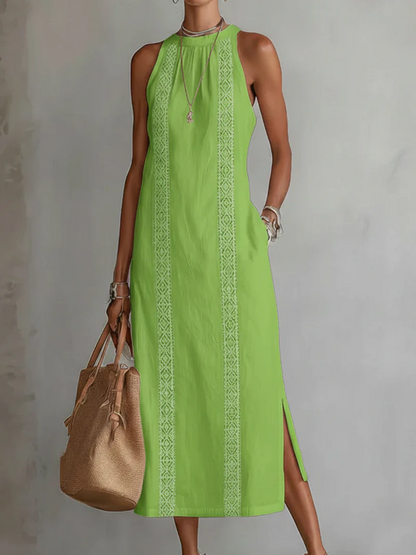 Jimena | Vestido midi de lino con cuello mao