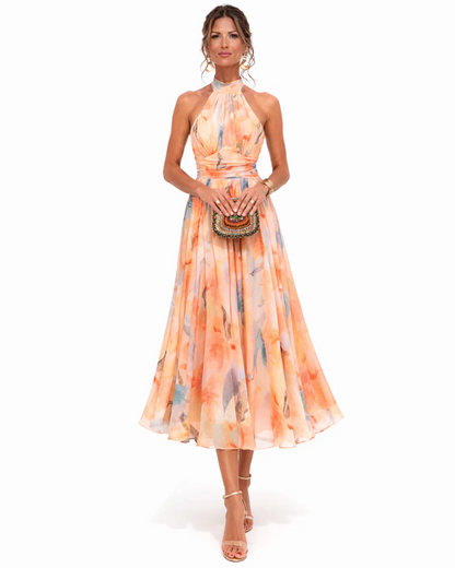 Aurora | Vestido con Cuello Halter y Estampado de Acuarela
