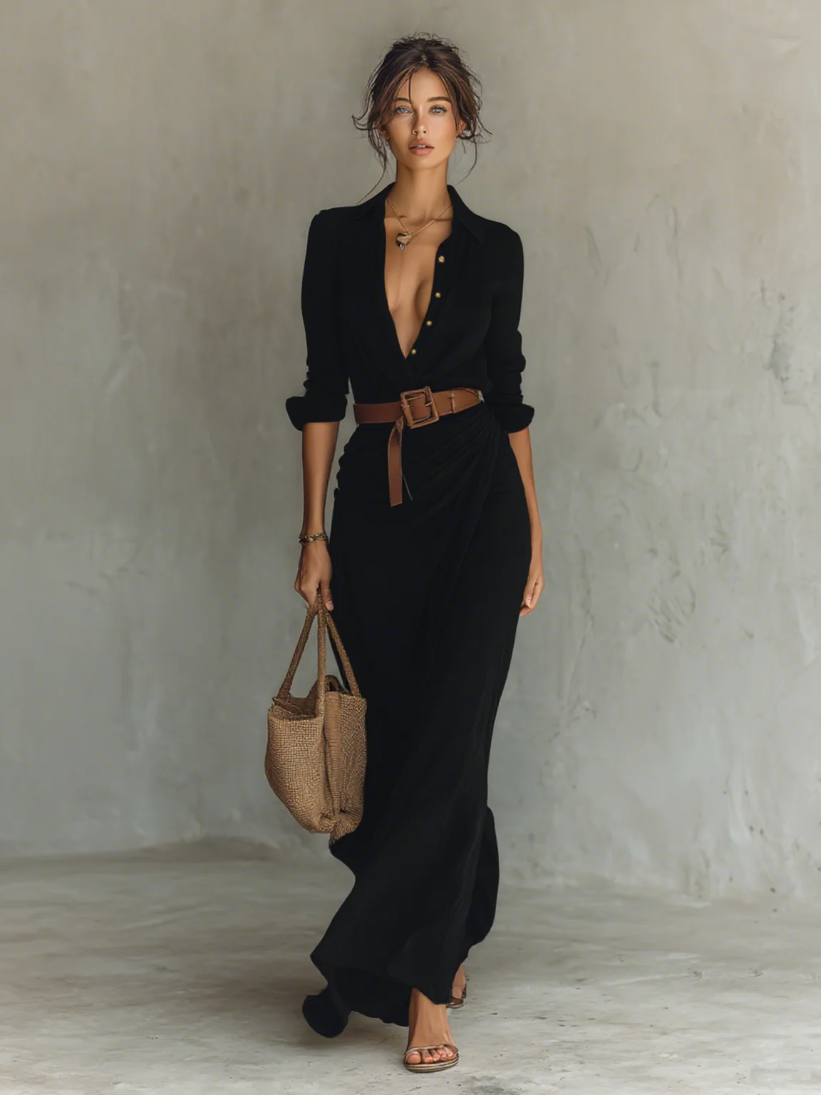 Cristina | Vestido maxi con cinturón y cuello de solapa