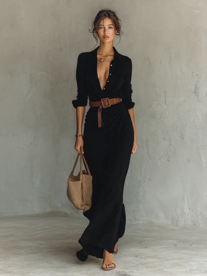 Cristina | Vestido maxi con cinturón y cuello de solapa