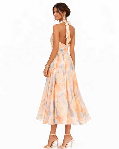 Aurora | Vestido con Cuello Halter y Estampado de Acuarela