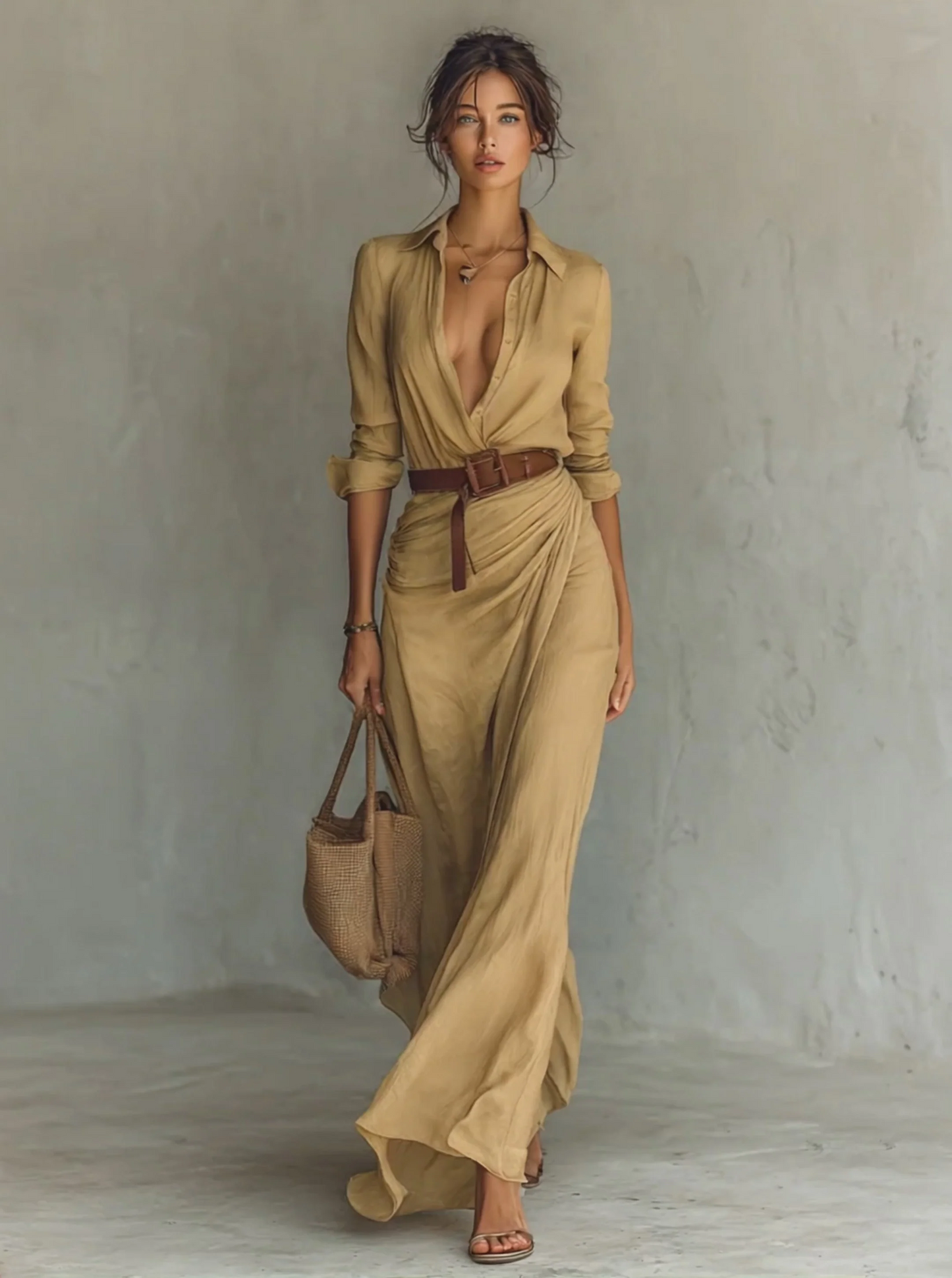 Cristina | Vestido maxi con cinturón y cuello de solapa