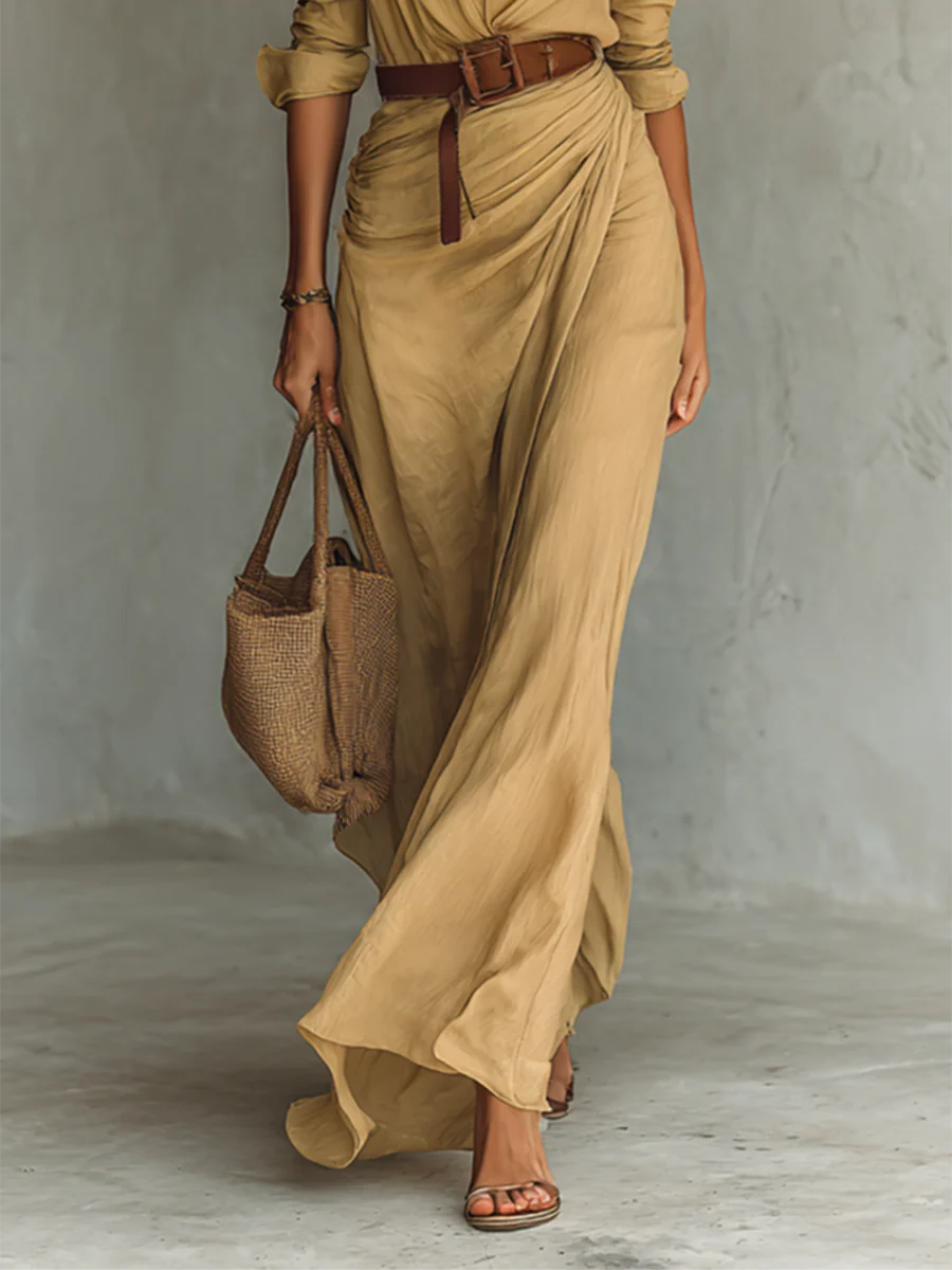 Cristina | Vestido maxi con cinturón y cuello de solapa