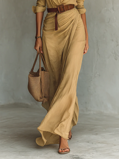 Cristina | Vestido maxi con cinturón y cuello de solapa