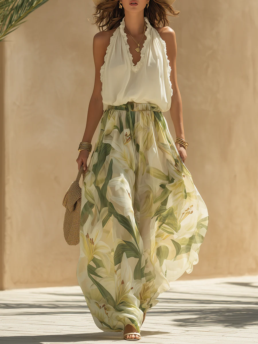 Alejandra | Conjunto fluido con estampado de lirios muy elegante