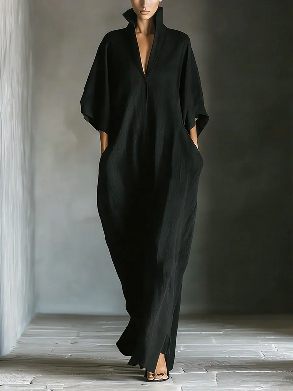 Alejandra™ | Vestido maxi negro minimalista de corte amplio con mangas tipo kimono