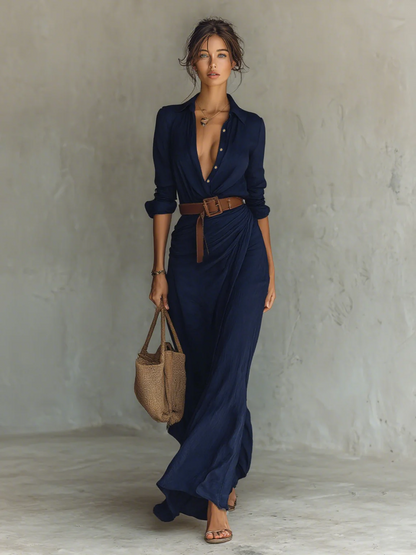Cristina | Vestido maxi con cinturón y cuello de solapa